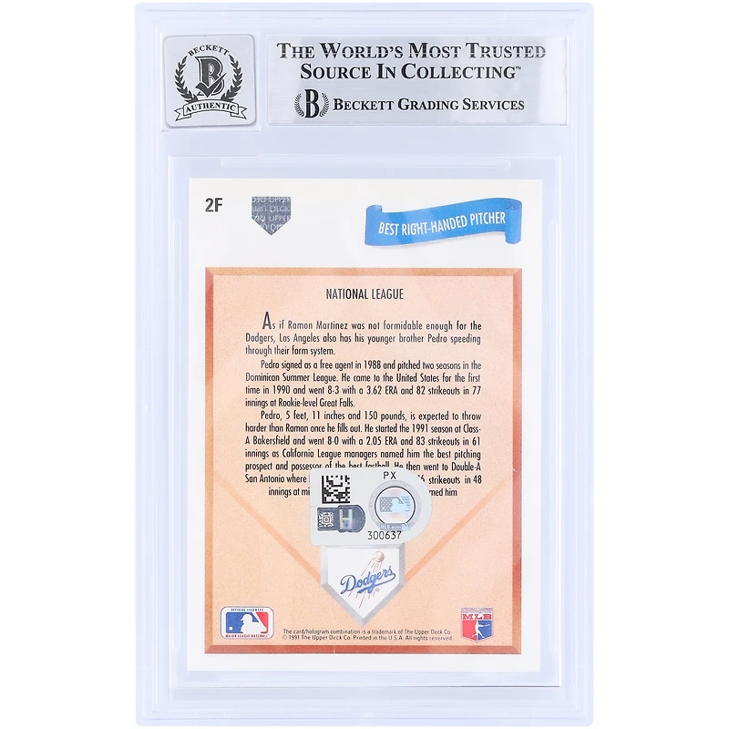 Carte de recrue Pedro Martinez des Dodgers de Los Angeles, autographiée, édition finale Upper Deck 1991, numéro 2F, authentifiée Beckett Fanatics Witnessed, 9/10