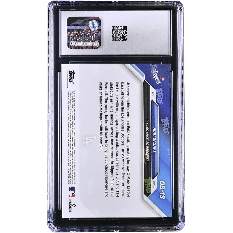 Roki Sasaki, lanceur japonais des Dodgers de Los Angeles, collection Topps Now 2024 : signe avec les Dodgers hors saison (n° OS-13), authentifié CGC (carte n° 10).