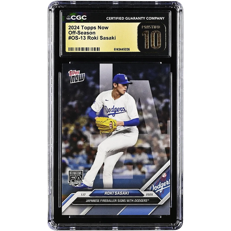 Roki Sasaki, lanceur japonais des Dodgers de Los Angeles, collection Topps Now 2024, signe avec les Dodgers hors saison #OS-13, authentifiée CGC, état PRISTINE 10.