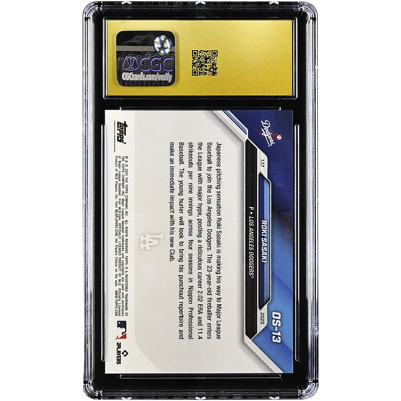 Roki Sasaki, lanceur japonais des Dodgers de Los Angeles, collection Topps Now 2024, signe avec les Dodgers hors saison #OS-13, authentifiée CGC, état PRISTINE 10.