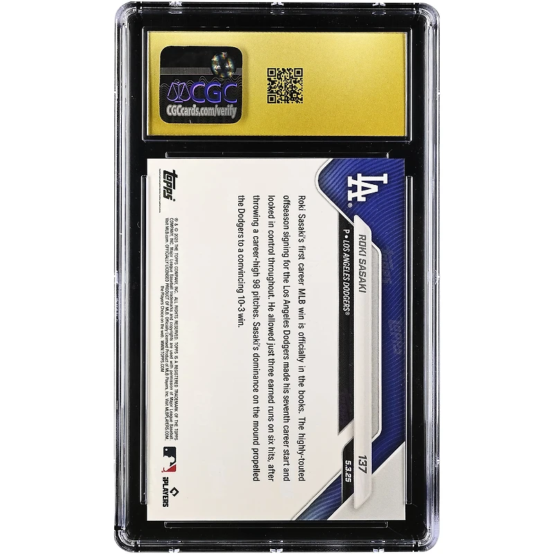Carte de recrue Roki Sasaki des Dodgers de Los Angeles 2025 Topps Now, première victoire en MLB, n° 137, authentifiée CGC, état PRISTINE 10.