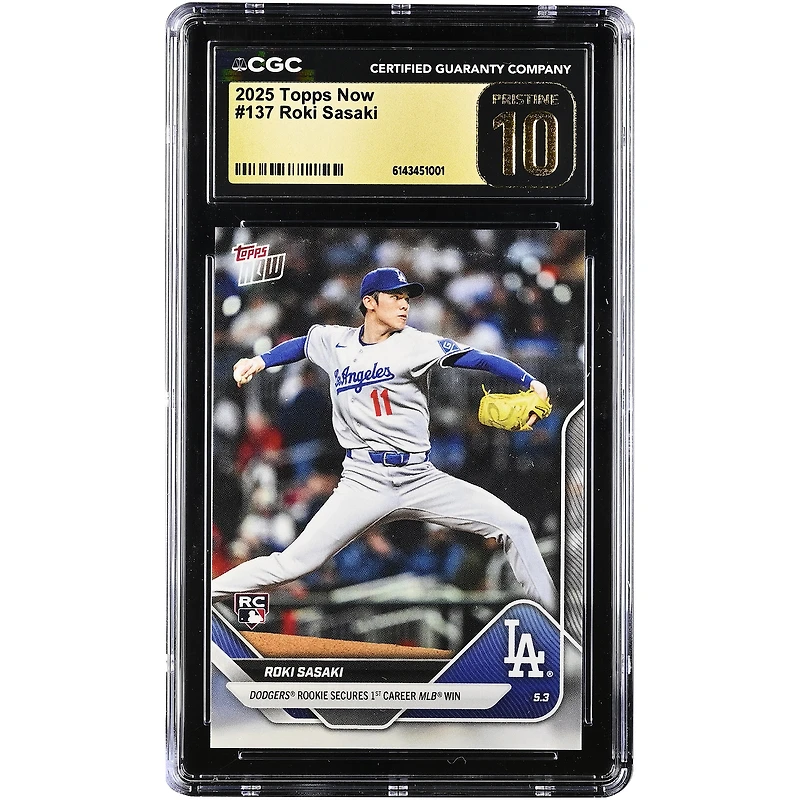 Carte de recrue Roki Sasaki des Dodgers de Los Angeles 2025 Topps Now, première victoire en MLB, n° 137, authentifiée CGC, état PRISTINE 10.