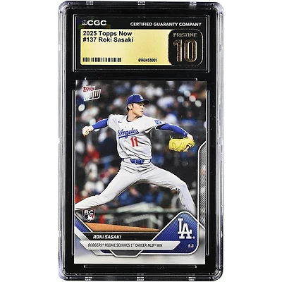 Carte de recrue Roki Sasaki des Dodgers de Los Angeles 2025 Topps Now, première victoire en MLB, n° 137, authentifiée CGC, état PRISTINE 10.