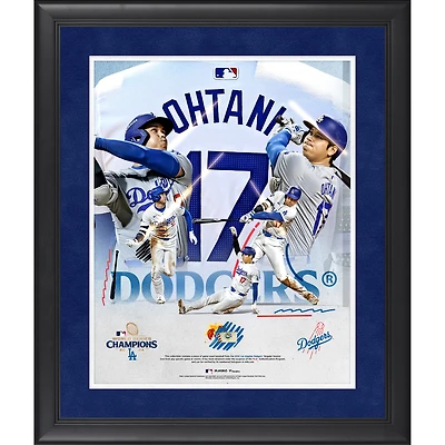 Collage encadré 16" x 20" de Shohei Ohtani, champions de la série mondiale 2024 des Dodgers de Los Angeles, avec un morceau de baseball utilisé lors du match de la saison 2024