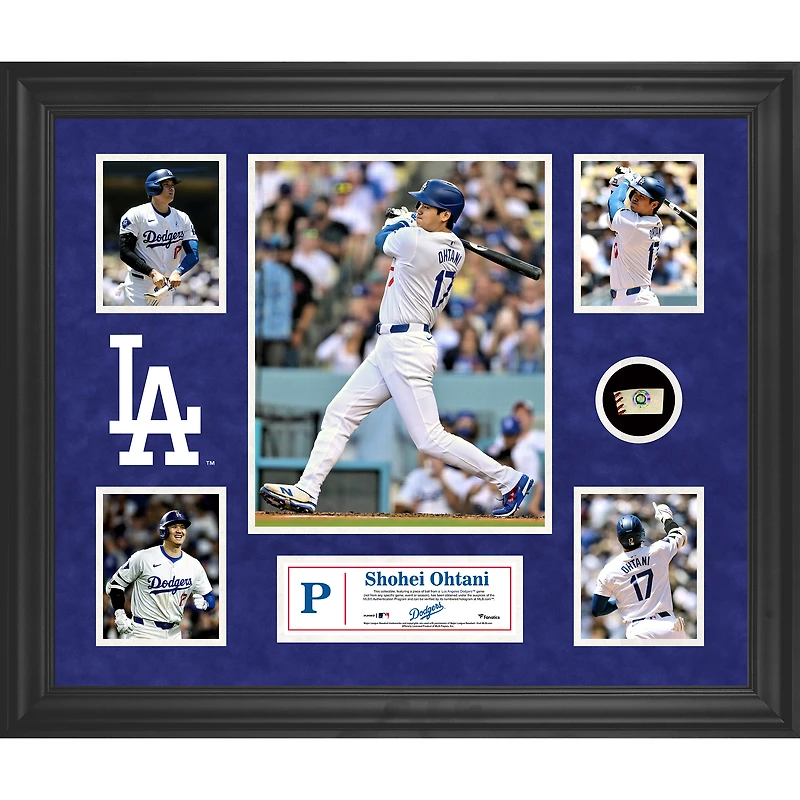 Collage encadré de 5 photos de Shohei Ohtani des Dodgers de Los Angeles avec un morceau de ballon utilisé lors du match