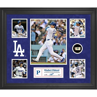 Collage encadré de 5 photos de Shohei Ohtani des Dodgers de Los Angeles avec un morceau de ballon utilisé lors du match