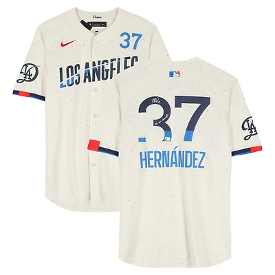 Teoscar Hernández Los Angeles Dodgers Autographed Cream Nike City Connect Limited Jersey with "24 WS Champs" Inscription 