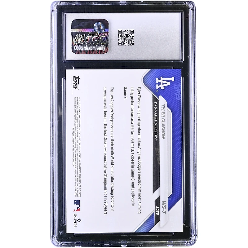 Carte Tyler Glasnow des Dodgers de Los Angeles 2025 Topps Now '25 Champions des Séries mondiales #WS-7, authentifiée CGC (n° 10)