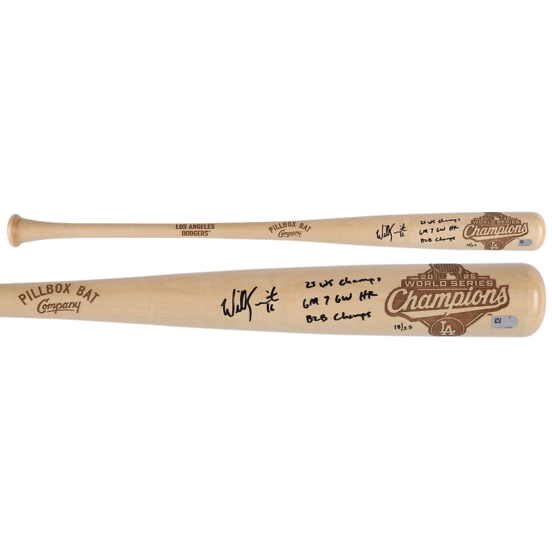 Bâton de baseball Pillbox Bat Company autographié par Will Smith, des Dodgers de Los Angeles, champions des Séries mondiales 2025, avec inscriptions multiples - Édition limitée à 25 exemplaires