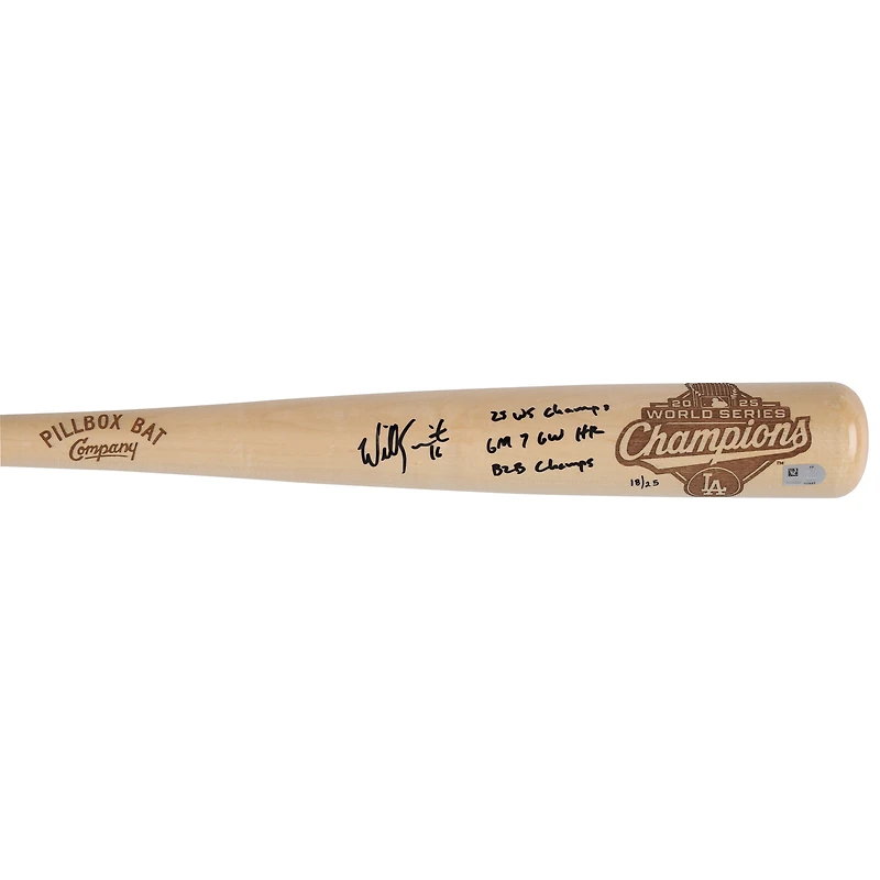 Bâton de baseball Pillbox Bat Company autographié par Will Smith, des Dodgers de Los Angeles, champions des Séries mondiales 2025, avec inscriptions multiples - Édition limitée à 25 exemplaires