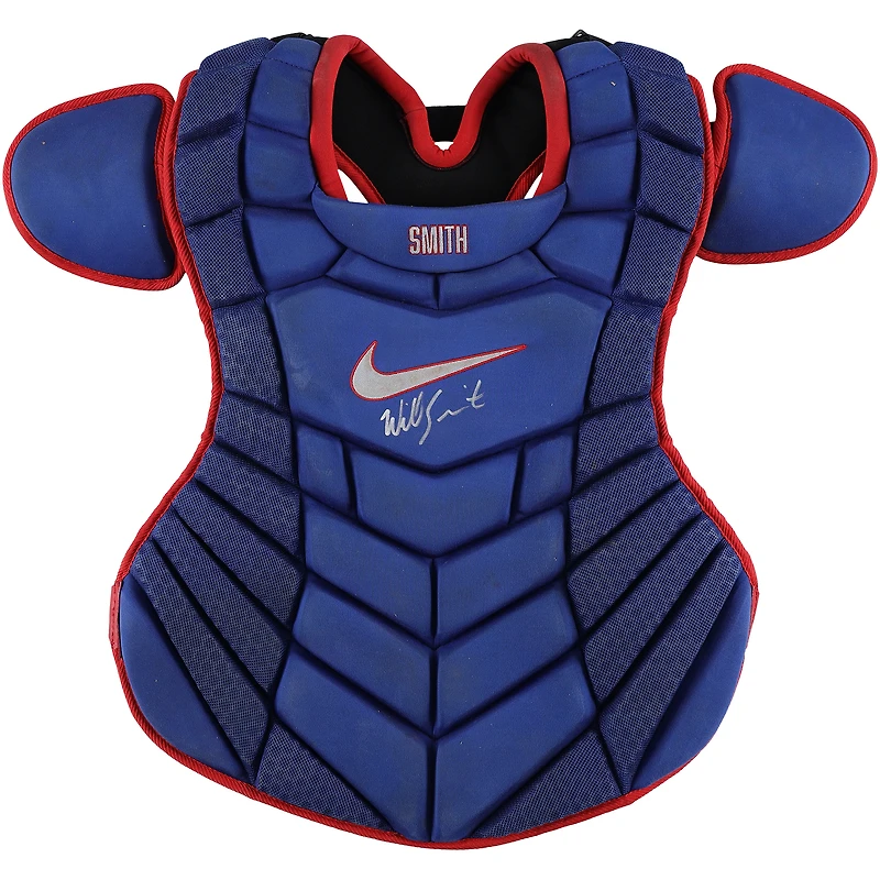 Protection thoracique bleue Nike autographiée par Will Smith, portée lors du match des Dodgers de Los Angeles contre les Marlins de Miami le 18 septembre 2024