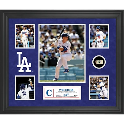 Collage encadré de 5 photos de Will Smith des Dodgers de Los Angeles avec un morceau de ballon utilisé lors du match