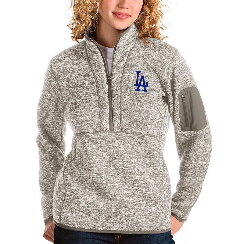 Women's Antigua Oatmeal Los Angeles Dodgers Fortune Quarter-Zip Pullover Jacket