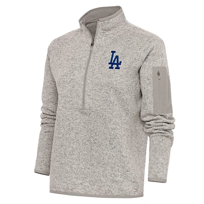 Women's Antigua Oatmeal Los Angeles Dodgers Logo Fortune Quarter-Zip Pullover Jacket