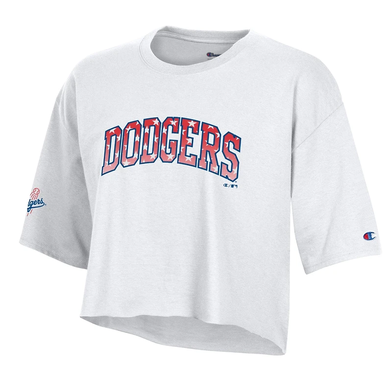Women's Champion White Los Angeles Dodgers Boyfriend Cropped Americana T-Shirt