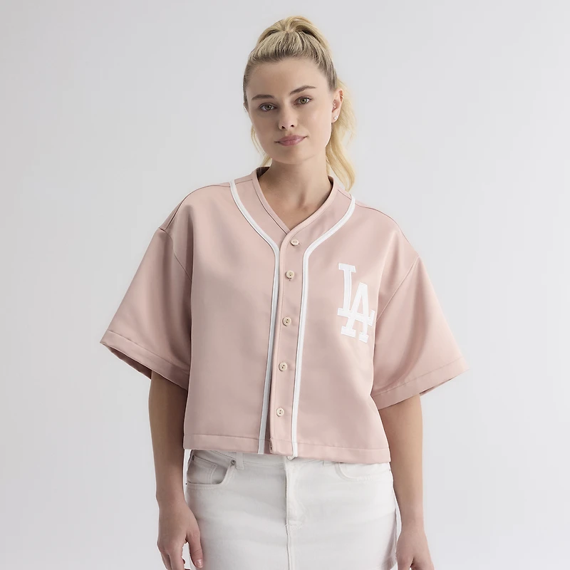 Haut de baseball en satin rose délavé pour femme, Los Angeles Dodgers, modèle emblématique à boutons, la marque Fanatics.