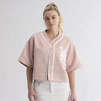 Haut de baseball en satin rose délavé pour femme, Los Angeles Dodgers, modèle emblématique à boutons, la marque Fanatics.