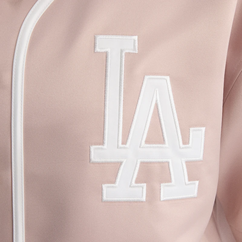 Haut de baseball en satin rose délavé pour femme, Los Angeles Dodgers, modèle emblématique à boutons, la marque Fanatics.
