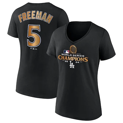 T-shirt à col en V avec nom et numéro des champions de la série mondiale 2024 Los Angeles Dodgers Freddie Freeman pour femmes Fanatics