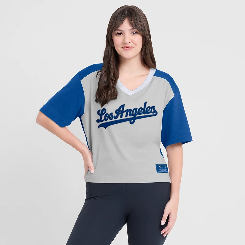 Women's Fanatics Royal/Graphite Los Angeles Dodgers Oversized Race To Win V-Neck T-Shirt