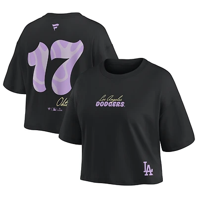 Haut court noir Fanatics Shohei Ohtani pour femme, avec nom et numéro des Dodgers de Los Angeles.