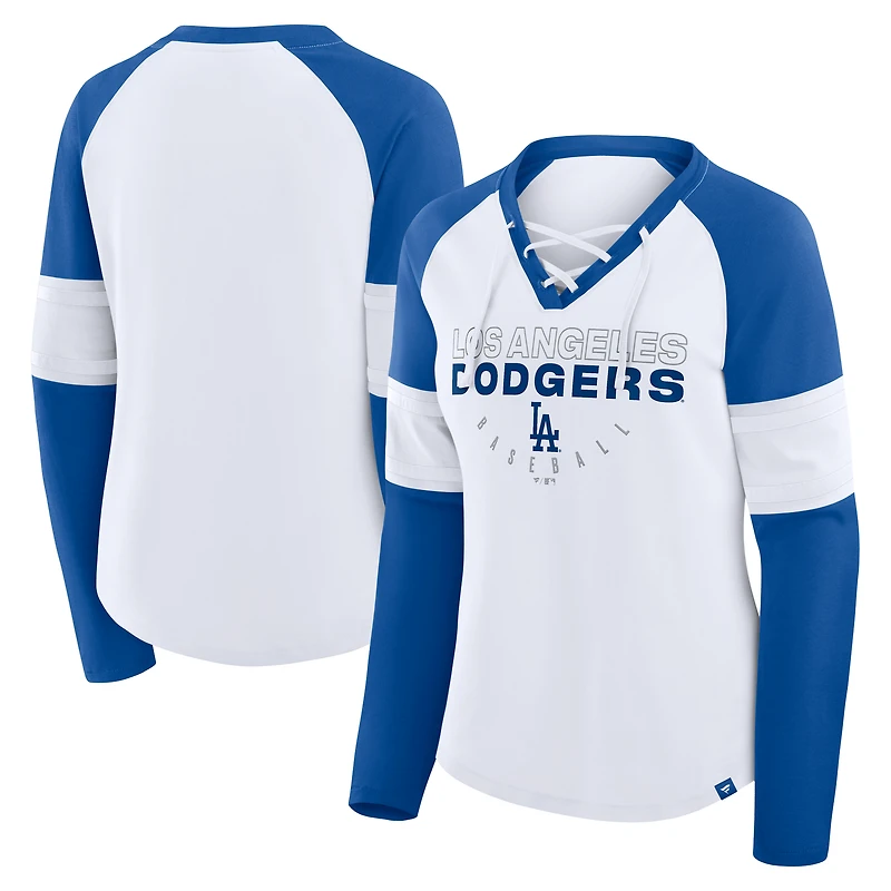 T-shirt à manches longues et col en V lacets raglan pour femme Fanatics blanc/bleu roi des Los Angeles Dodgers Blitz Package