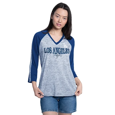 Women's G-III 4Her by Carl Banks Royal/Heather Royal Los Angeles Dodgers Speed Training 3/4-Sleeve Rhinestone V-Neck T-Shirt