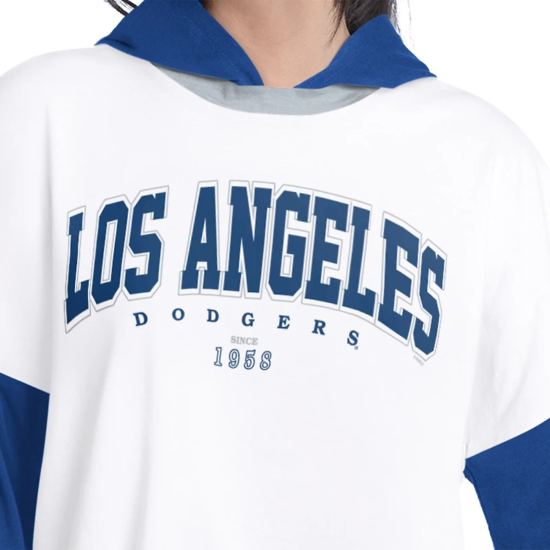 T-shirt à manches longues et capuche oversize G-III 4Her pour femme, par Carl Banks, blanc/bleu roi, Los Angeles Dodgers, joueur clé