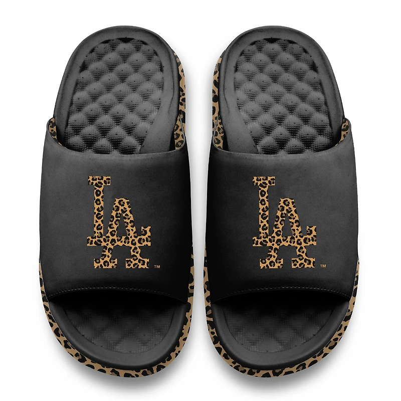 Women's ISlide Black Los Angeles Dodgers Cheetah Dip Motive Slide Sandals