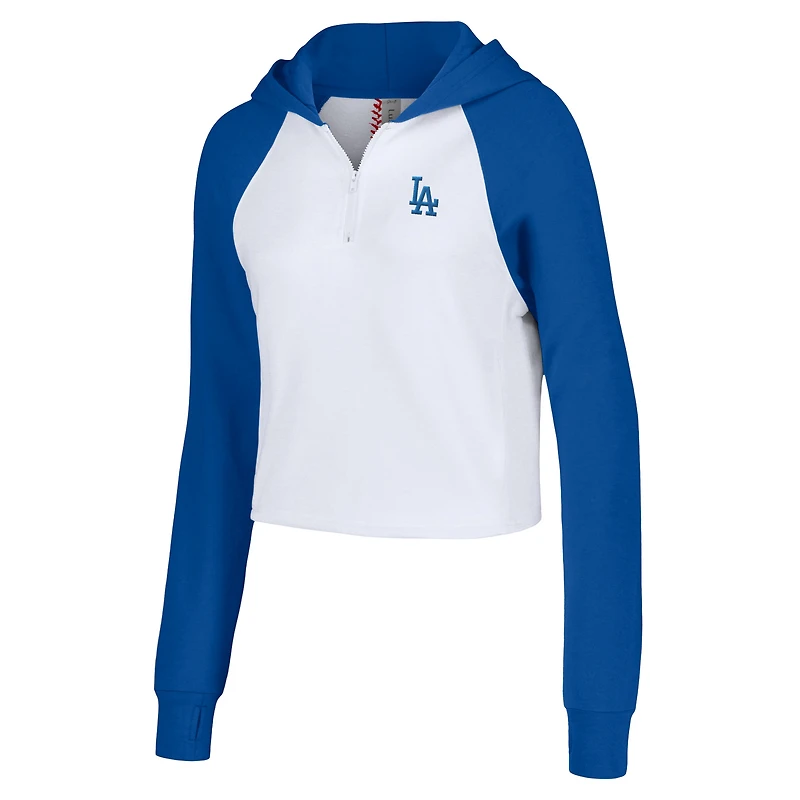 Women's Lusso White Los Angeles Dodgers Jane Raglan Quarter-Zip Tri-Blend Cropped Pullover Hoodie