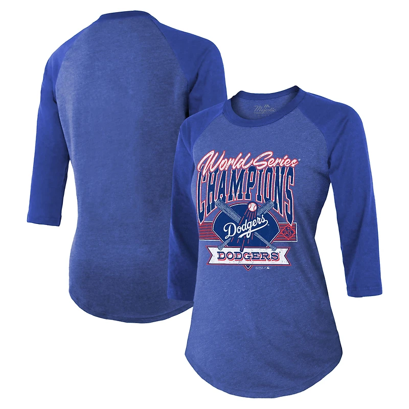 Women's Majestic Threads  Royal Los Angeles Dodgers 2025 World Series Champions Play The Field Tri-Blend Raglan 3/4-Sleeve T-Shirt