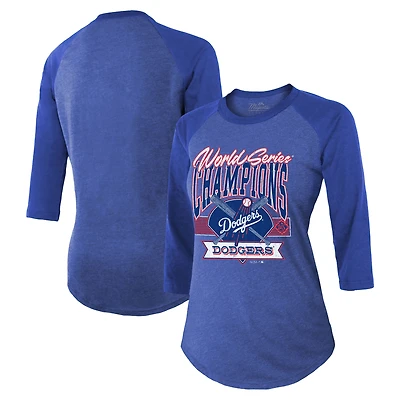 Women's Majestic Threads  Royal Los Angeles Dodgers 2025 World Series Champions Play The Field Tri-Blend Raglan 3/4-Sleeve T-Shirt
