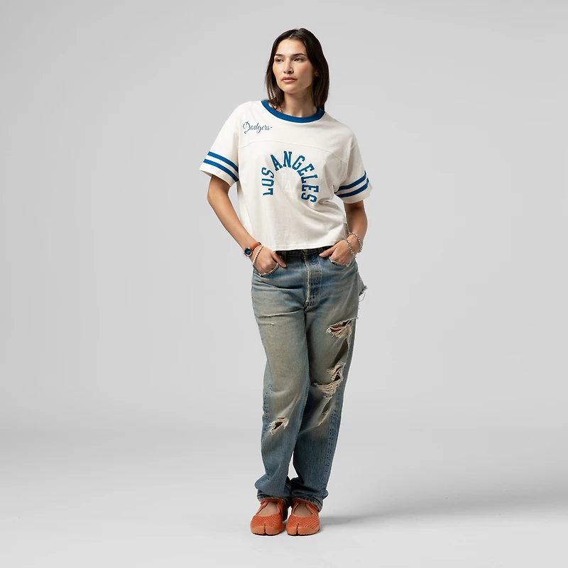 T-shirt court à empiècement crème Mitchell & Ness pour femme, collection Cooperstown des Dodgers de Los Angeles
