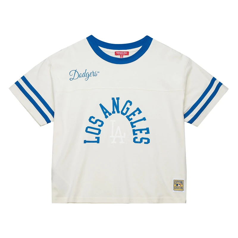T-shirt court à empiècement crème Mitchell & Ness pour femme, collection Cooperstown des Dodgers de Los Angeles