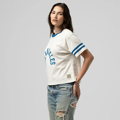 T-shirt court à empiècement crème Mitchell & Ness pour femme, collection Cooperstown des Dodgers de Los Angeles