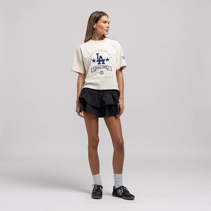 Women's Mitchell & Ness Cream Los Angeles Dodgers Cooperstown Yacht Rock Boxy Cropped T-Shirt
