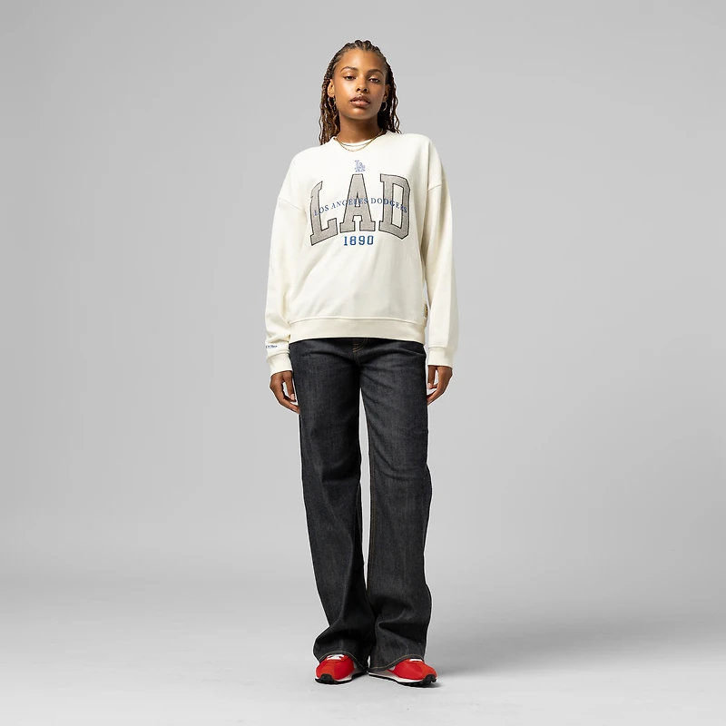 Sweat-shirt à col rond premium Mitchell & Ness crème Los Angeles Dodgers pour femmes