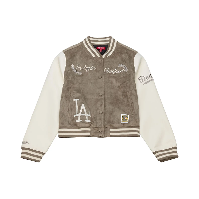 Veste universitaire Mitchell & Ness beige Los Angeles Dodgers pour femme, à boutons-pression.