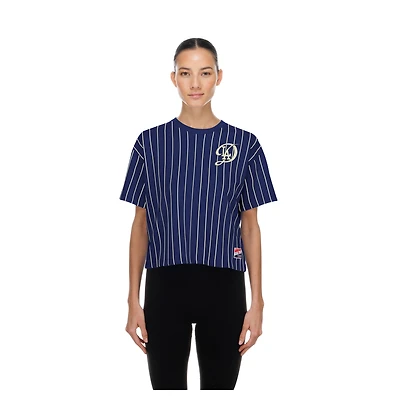 T-shirt New Era City Connect rétro à rayures et dos en maille, coupe carrée, bleu marine, pour femme