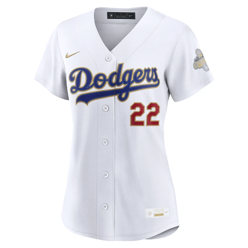 Maillot de stade Nike Clayton Kershaw blanc Los Angeles Dodgers Collection Or 2026 pour femme