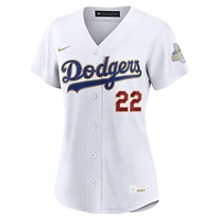 Maillot de stade Nike Clayton Kershaw blanc Los Angeles Dodgers Collection Or 2026 pour femme