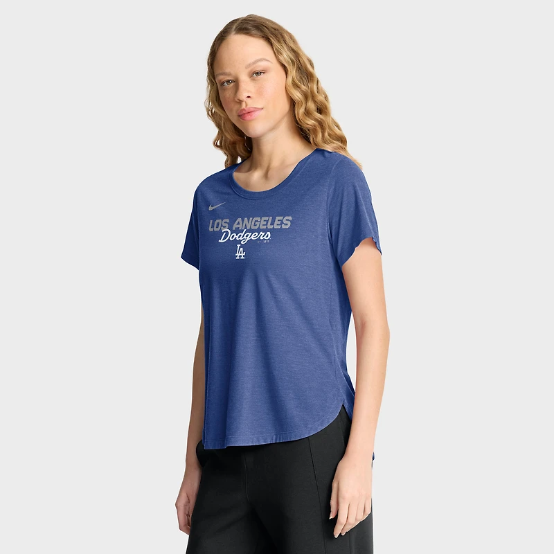 T-shirt Nike Heather Royal pour femme, Los Angeles Dodgers, en mélange de trois tissus à motif arqué.