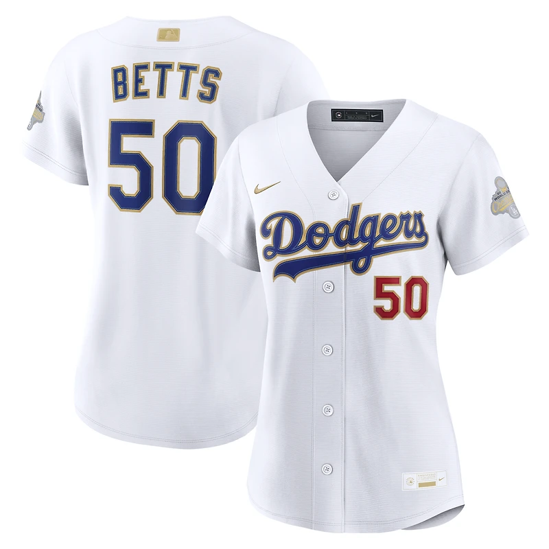 Maillot de stade Nike Mookie Betts blanc pour femme, Los Angeles Dodgers, collection or 2026
