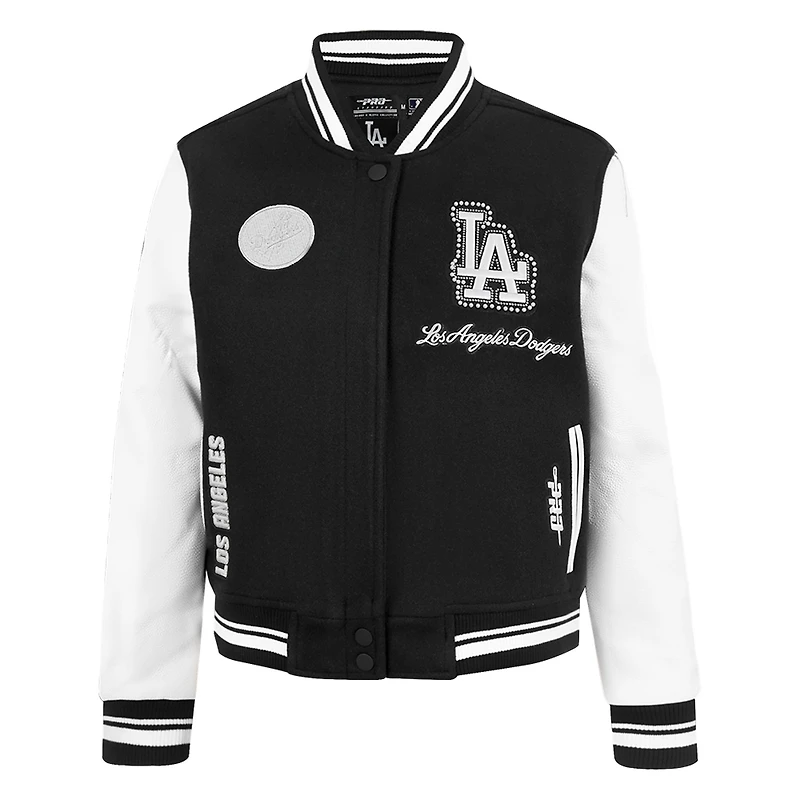 Veste universitaire entièrement zippée en laine côtelée Pro Standard pour femme Los Angeles Dodgers Pearls noire