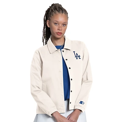 Veste d'entraîneur Starter Cream pour femmes Los Angeles Dodgers Cooperstown First Down à boutons-pression complets
