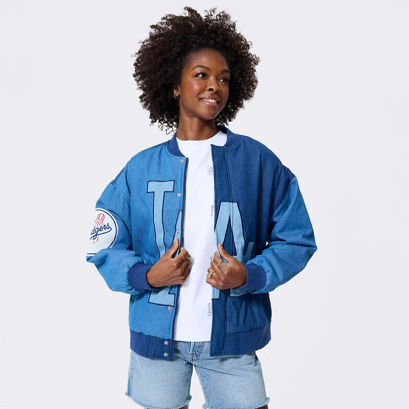 Women's Terez Blue Los Angeles Dodgers Denim Blocked Bomber Jacket