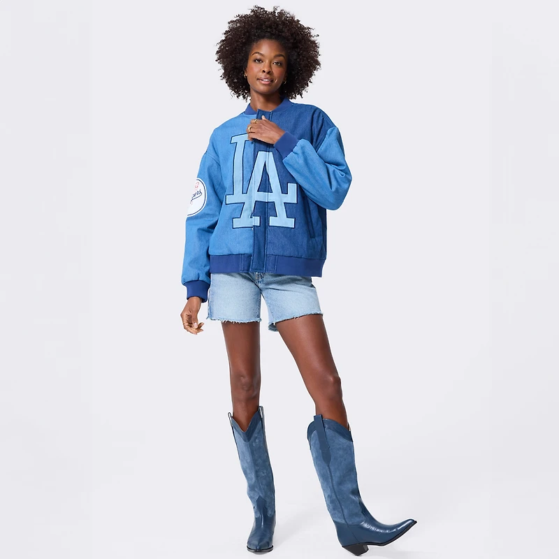Women's Terez Blue Los Angeles Dodgers Denim Blocked Bomber Jacket