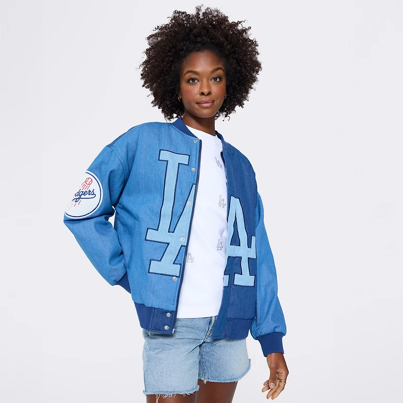 Women's Terez Blue Los Angeles Dodgers Denim Blocked Bomber Jacket