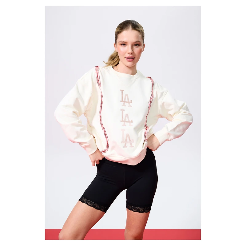 Women's Terez Cream Los Angeles Dodgers Baseball Stitch Pullover Sweatshirt