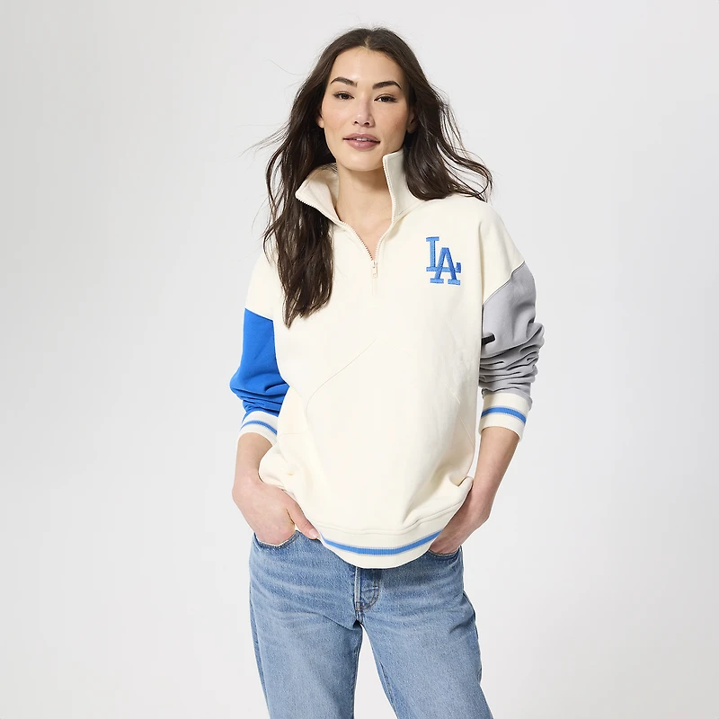 Women's Terez Cream Los Angeles Dodgers Colorblock Quarter-Zip Pullover